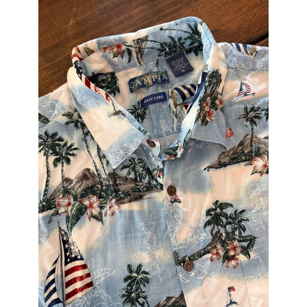 Campia Shirt Men XL Blue Sailboat Hawaiian Aloha Patriotic Nautical July 4 Beach